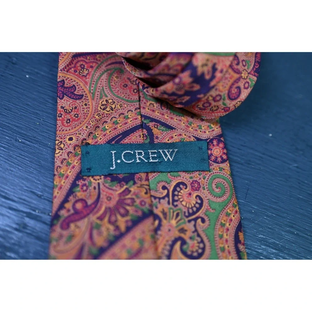 J.Crew Mens 100% Silk Tie Orange Purple Paisley Handmade Necktie Accessory